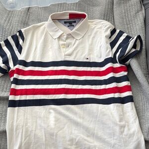 Tommy Hilfiger Men's Polo Shirt - Navy, Red, and White Stripes